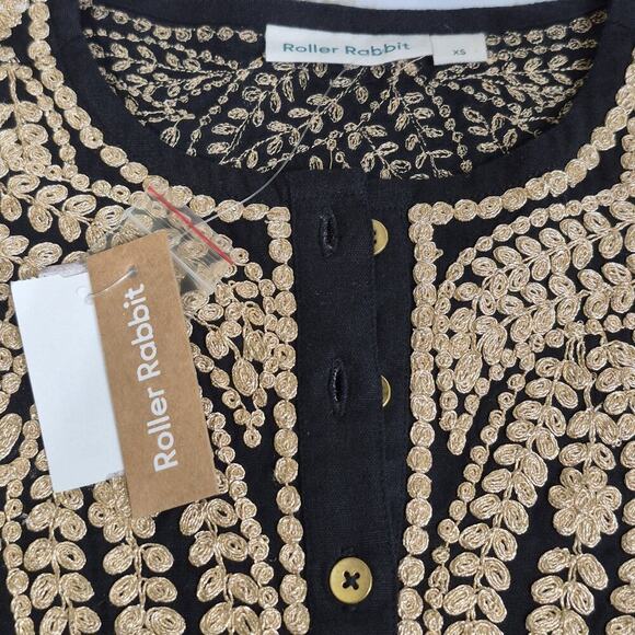 Roller Rabbit Embroidery Maxi Dress XS Black Gold 3/4 Sleeve Pocket Slits Kaftan - Picture 12 of 12